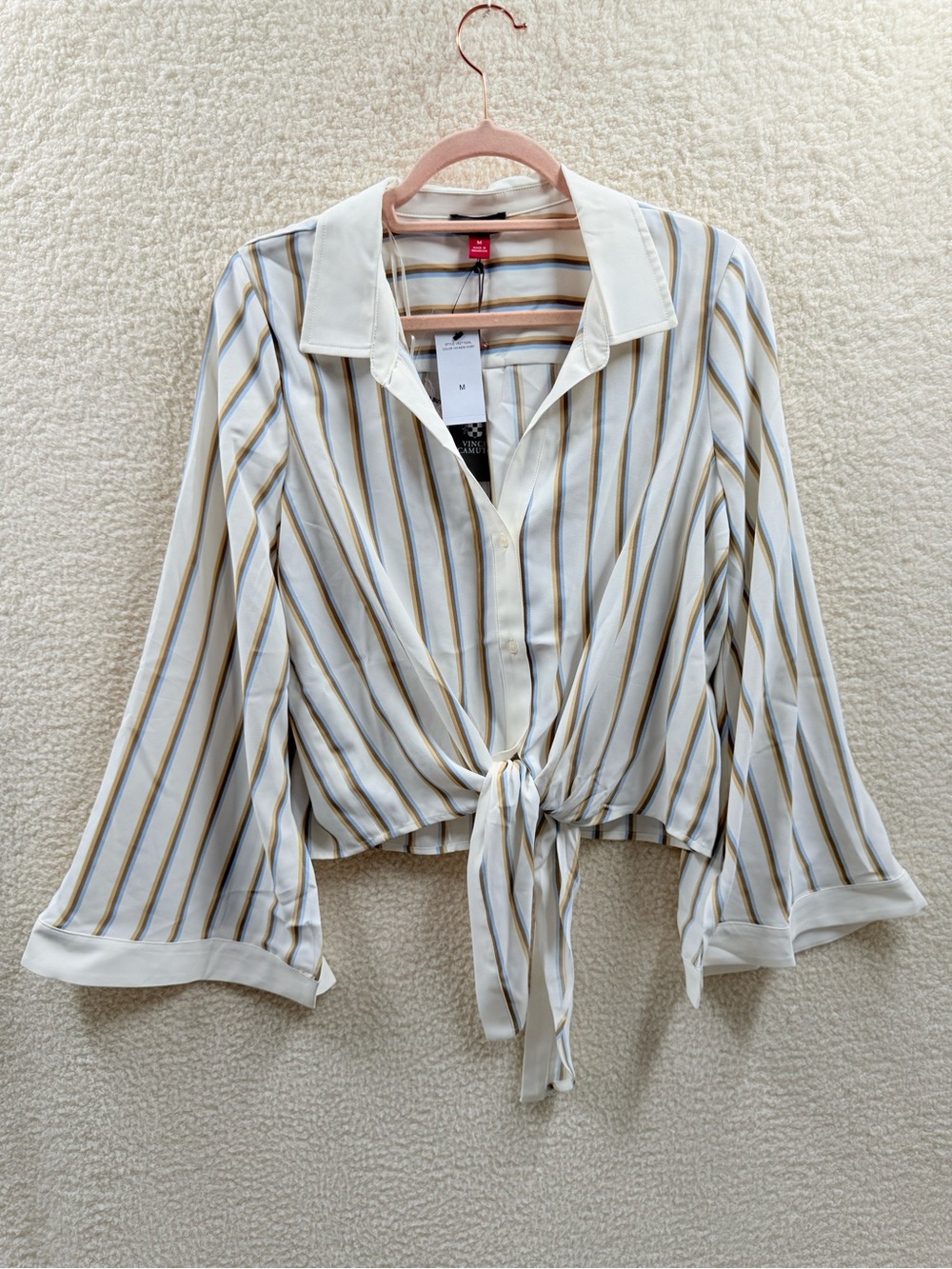 Vince Camuto White Striped Tie-Front Button Down Shirt